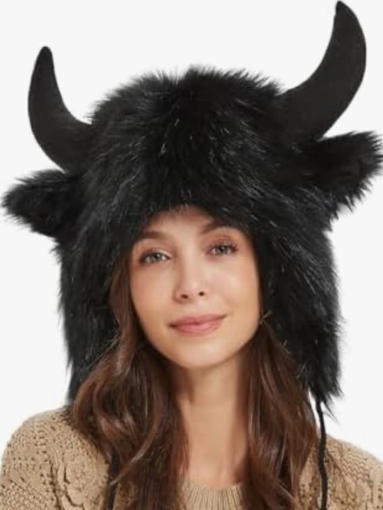 Other - Black Faux Fur Funny Plush Ox Horn Cosplay Warm Costume Hat. OS.
